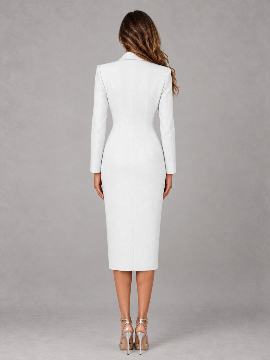 White Tailored Fit Peak Lapel Double Breasted Tea-Length Women's Blazer