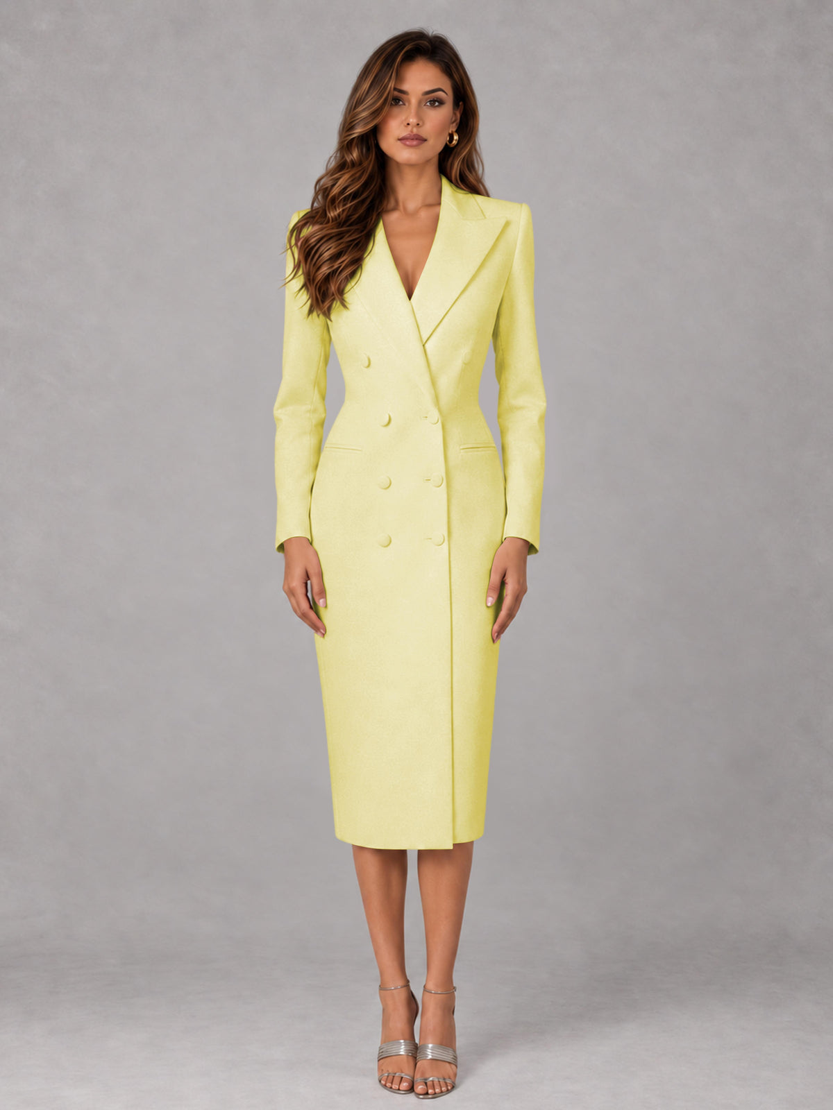 Yellow Tailored Fit Peak Lapel Double Breasted Tea-Length Women's Blazer