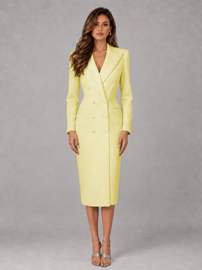 Yellow Tailored Fit Peak Lapel Double Breasted Tea-Length Women's Blazer