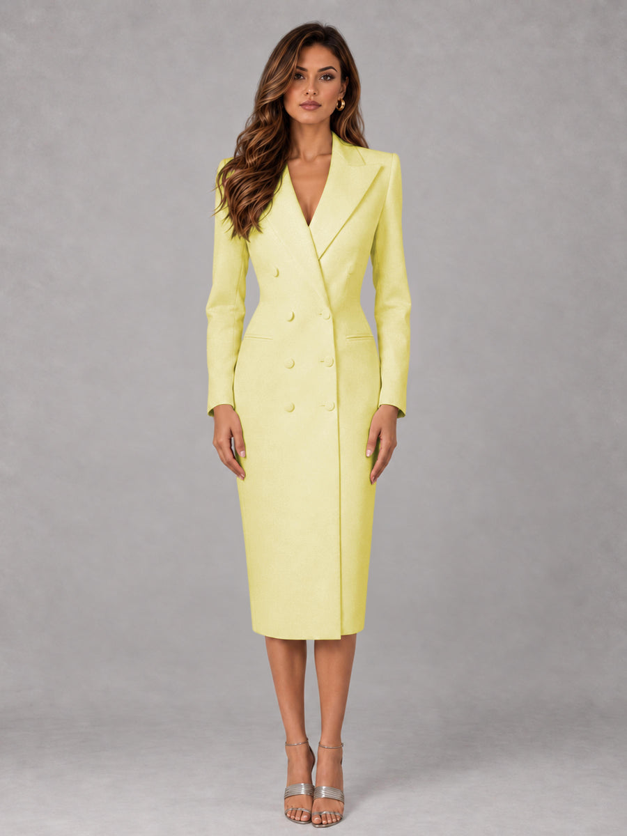 Yellow Tailored Fit Peak Lapel Double Breasted Tea-Length Women's Blazer