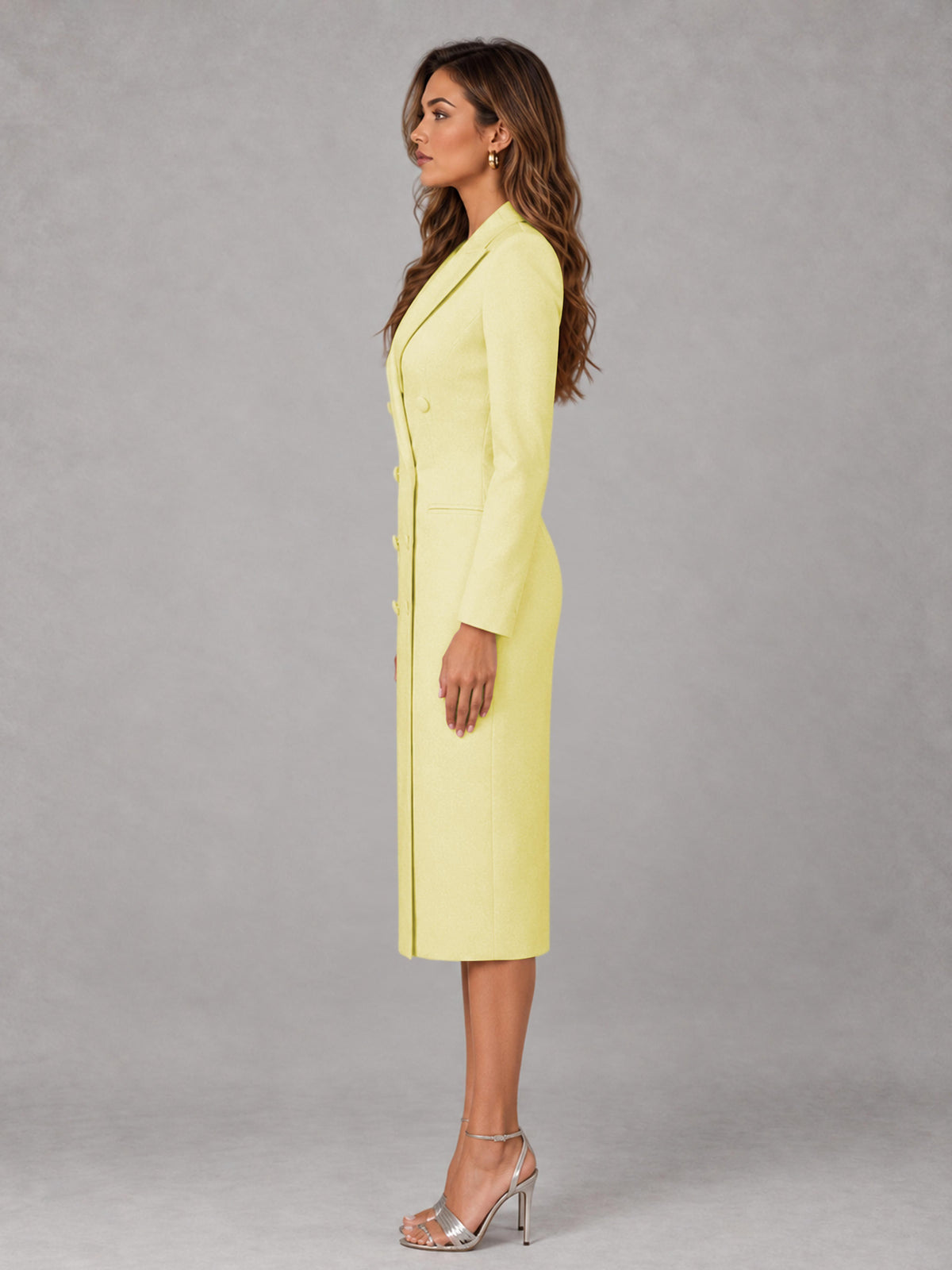 Yellow Tailored Fit Peak Lapel Double Breasted Tea-Length Women's Blazer
