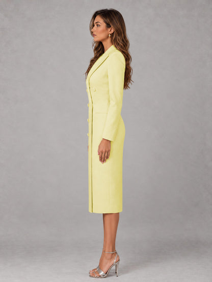 Yellow Tailored Fit Peak Lapel Double Breasted Tea-Length Women's Blazer