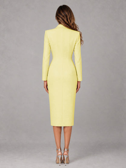 Yellow Tailored Fit Peak Lapel Double Breasted Tea-Length Women's Blazer