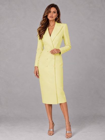Yellow Tailored Fit Peak Lapel Double Breasted Tea-Length Women's Blazer
