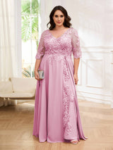 Tailored V-Neck Appliques Lace Chiffon Plus Size Mother Of The Bride Dresses