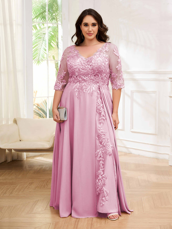 Candy Pink Tailored V-Neck Appliques Lace Chiffon Plus Size Mother Of The Bride Dresses