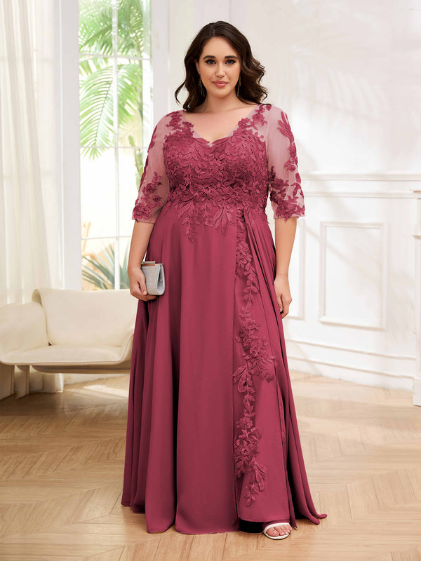 Cinnamon Rose Tailored V-Neck Appliques Lace Chiffon Plus Size Mother Of The Bride Dresses