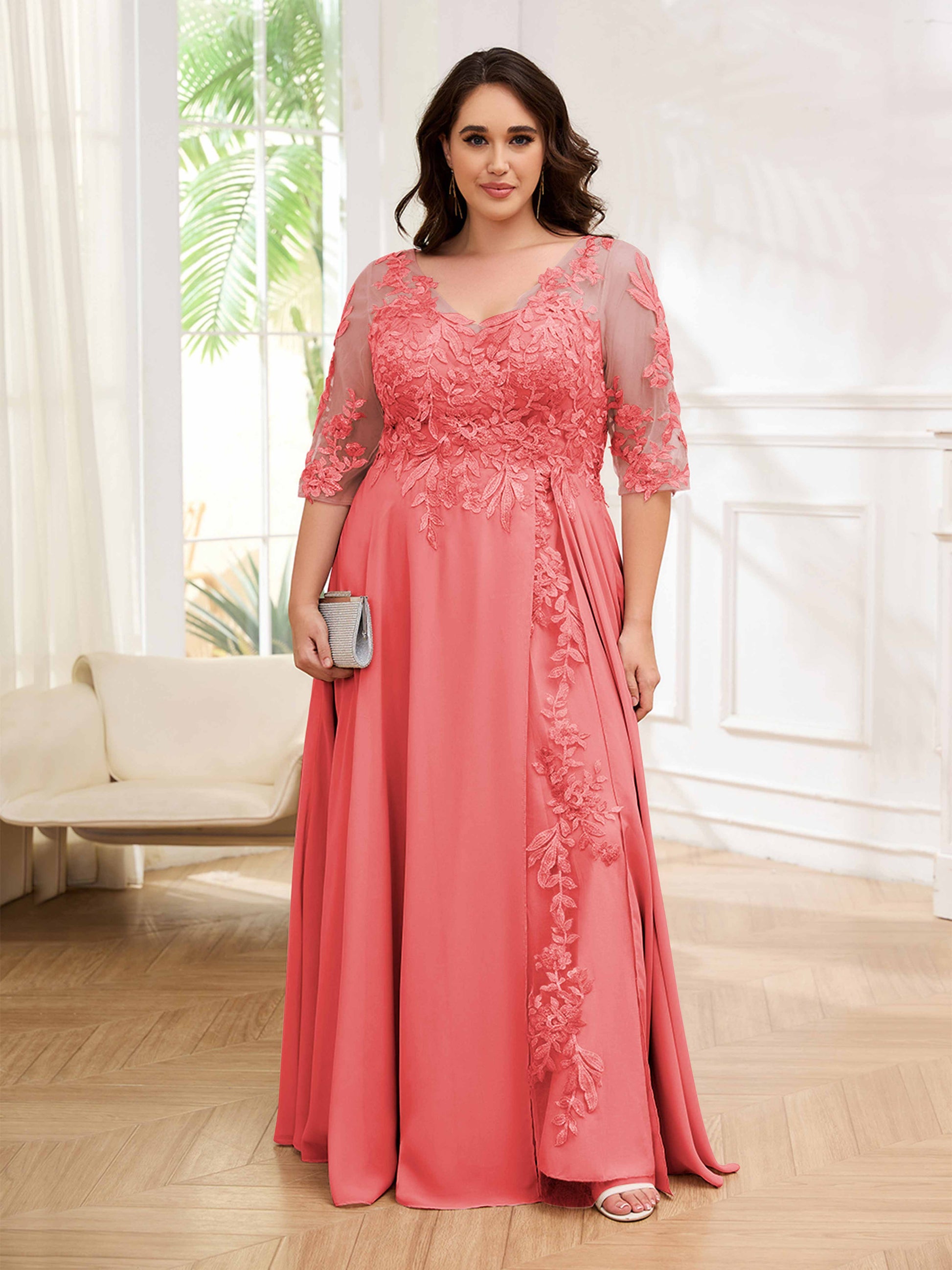 Tailored V-Neck Appliques Lace Chiffon Plus Size Mother Of The Bride D mollyevers.com Tailored V-Neck Appliques Lace Chiffon Plus Size Mother Of The Bride D mollyevers.com