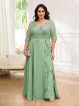 Tailored V-Neck Appliques Lace Chiffon Plus Size Mother Of The Bride Dresses