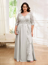Tailored V-Neck Appliques Lace Chiffon Plus Size Mother Of The Bride Dresses
