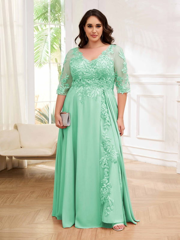 Mint Green Tailored V-Neck Appliques Lace Chiffon Plus Size Mother Of The Bride Dresses