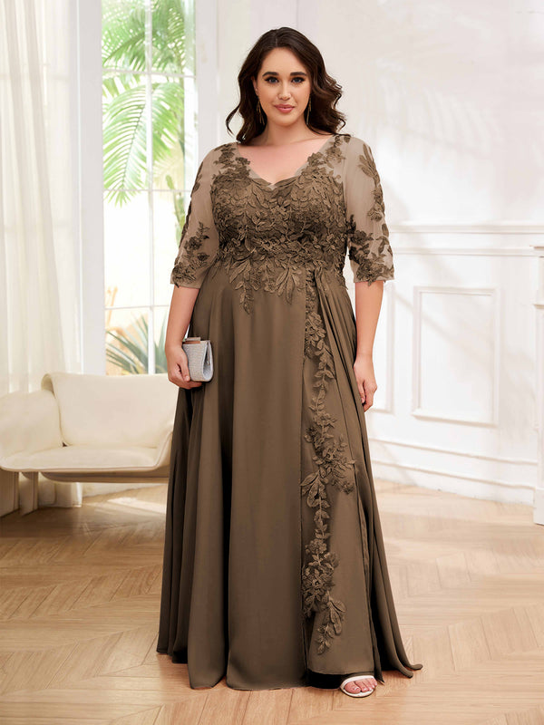 Mocha Tailored V-Neck Appliques Lace Chiffon Plus Size Mother Of The Bride Dresses