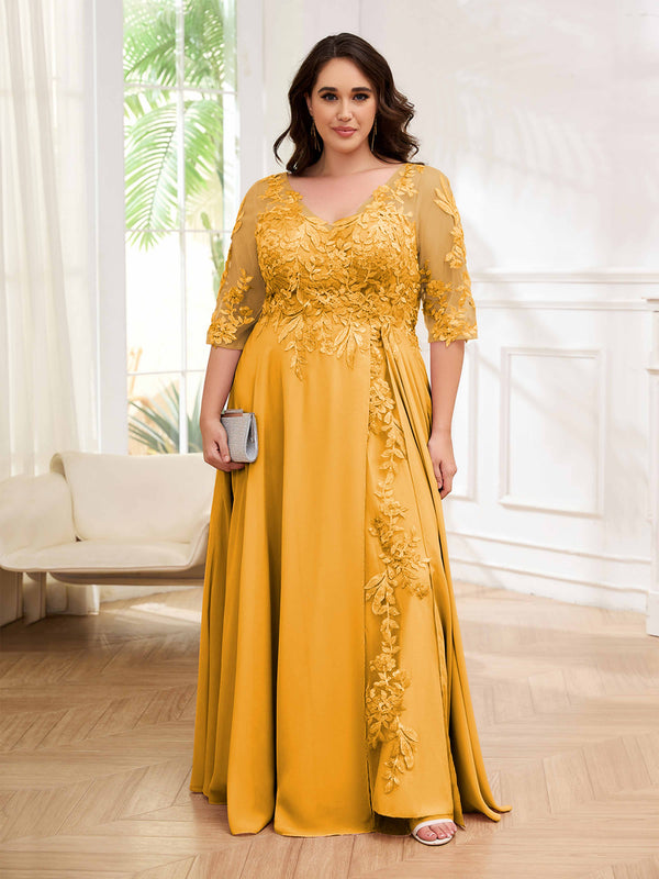 Mustard Tailored V-Neck Appliques Lace Chiffon Plus Size Mother Of The Bride Dresses