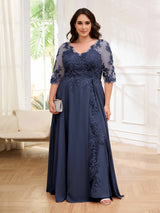 Tailored V-Neck Appliques Lace Chiffon Plus Size Mother Of The Bride Dresses