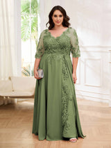 Tailored V-Neck Appliques Lace Chiffon Plus Size Mother Of The Bride Dresses