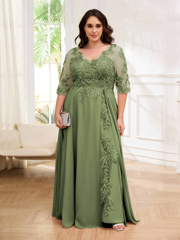 Olive Green Tailored V-Neck Appliques Lace Chiffon Plus Size Mother Of The Bride Dresses