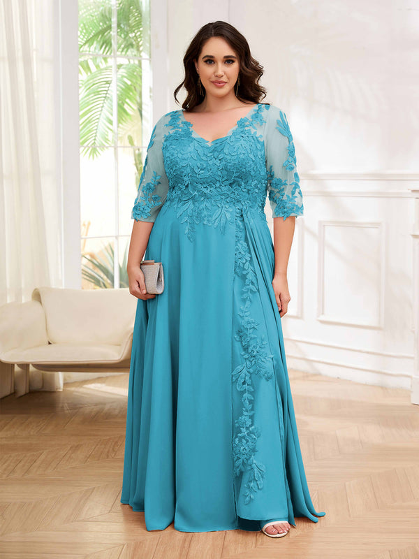 Pool Tailored V-Neck Appliques Lace Chiffon Plus Size Mother Of The Bride Dresses