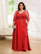 Tailored V-Neck Appliques Lace Chiffon Plus Size Mother Of The Bride Dresses