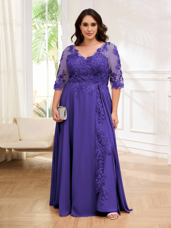 Regency Tailored V-Neck Appliques Lace Chiffon Plus Size Mother Of The Bride Dresses