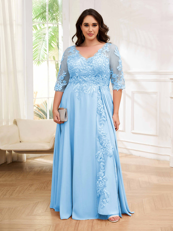 Sky Blue Tailored V-Neck Appliques Lace Chiffon Plus Size Mother Of The Bride Dresses