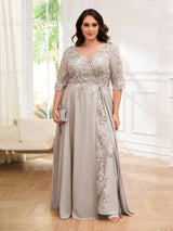 Tailored V-Neck Appliques Lace Chiffon Plus Size Mother Of The Bride Dresses