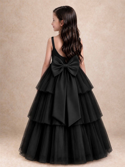 Tiered Tulle Flower Girl Dress Bateau Neck Sleeveless Long Kids Princess Gown for Wedding Party