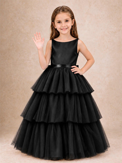Tiered Tulle Flower Girl Dress Bateau Neck Sleeveless Long Kids Princess Gown for Wedding Party