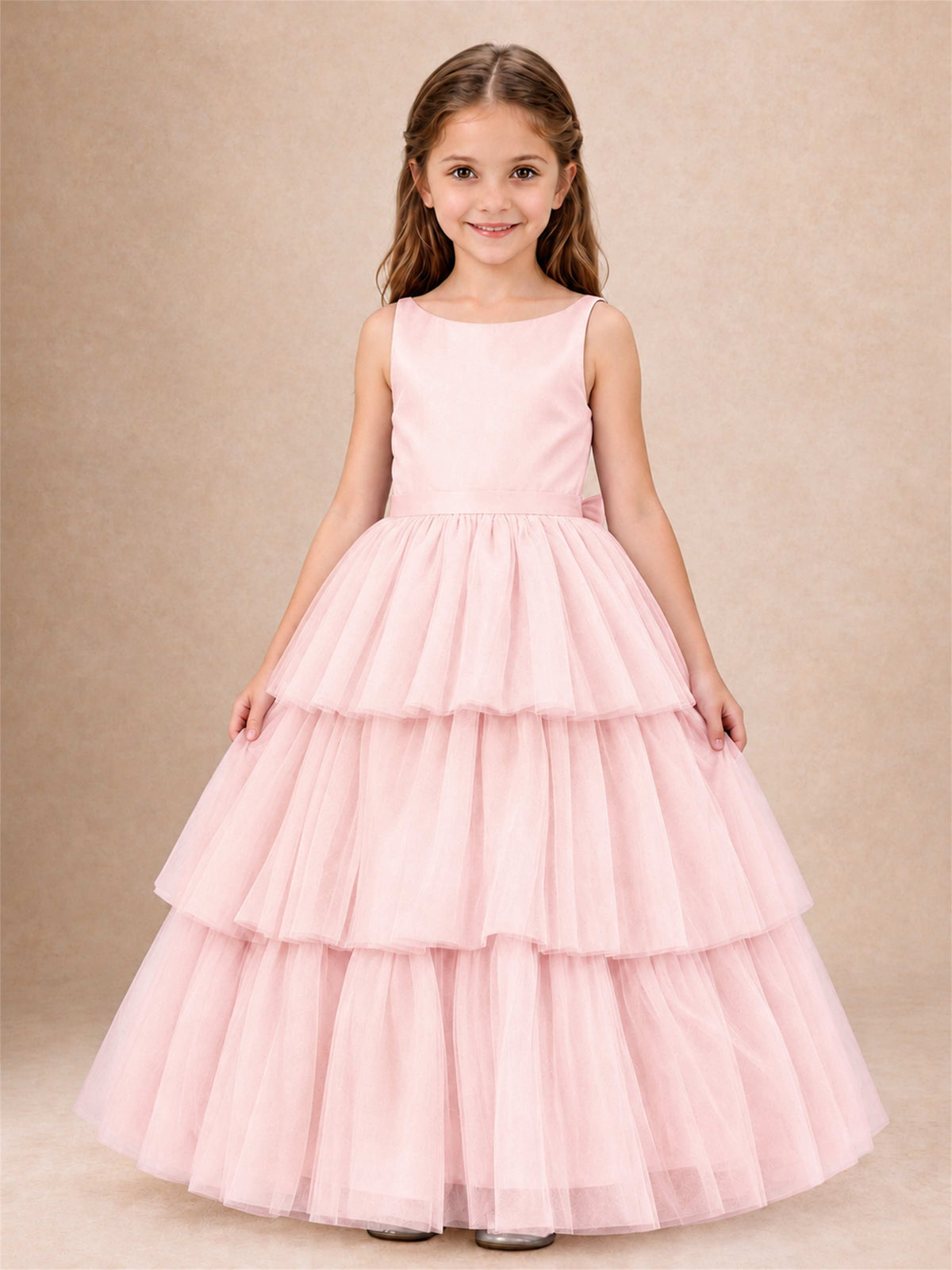 Tiered Tulle Flower Girl Dress Bateau Neck Sleeveless Long Kids Princess Gown for Wedding Party