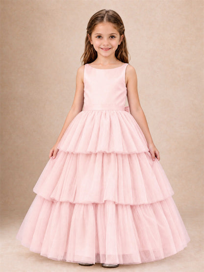 Tiered Tulle Flower Girl Dress Bateau Neck Sleeveless Long Kids Princess Gown for Wedding Party