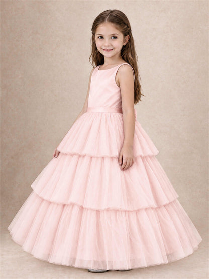 Tiered Tulle Flower Girl Dress Bateau Neck Sleeveless Long Kids Princess Gown for Wedding Party