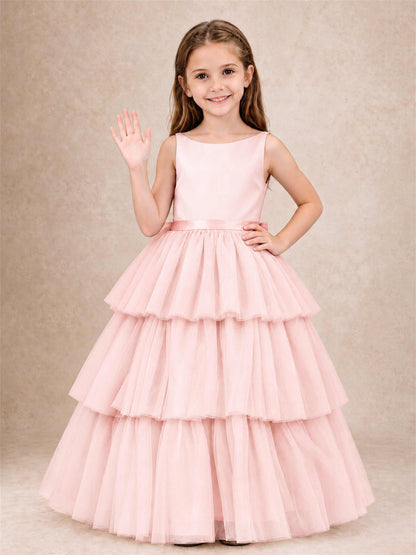 Tiered Tulle Flower Girl Dress Bateau Neck Sleeveless Long Kids Princess Gown for Wedding Party