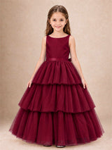 Tiered Tulle Flower Girl Dress Bateau Neck Sleeveless Long Kids Princess Gown for Wedding Party