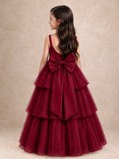 Tiered Tulle Flower Girl Dress Bateau Neck Sleeveless Long Kids Princess Gown for Wedding Party