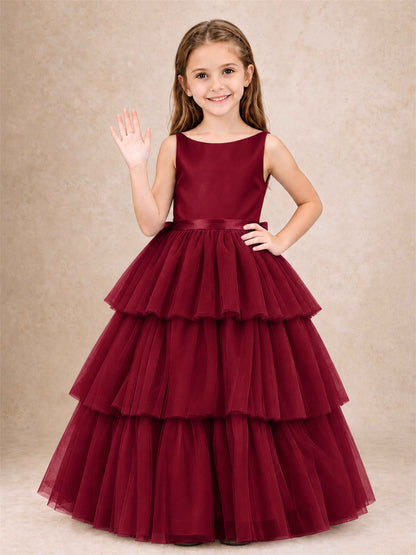 Tiered Tulle Flower Girl Dress Bateau Neck Sleeveless Long Kids Princess Gown for Wedding Party