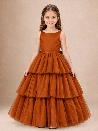 Tiered Tulle Flower Girl Dress Bateau Neck Sleeveless Long Kids Princess Gown for Wedding Party