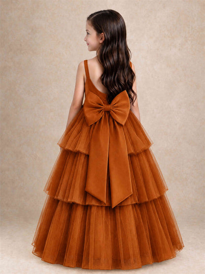 Tiered Tulle Flower Girl Dress Bateau Neck Sleeveless Long Kids Princess Gown for Wedding Party