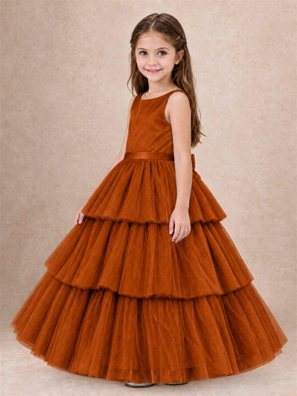 Tiered Tulle Flower Girl Dress Bateau Neck Sleeveless Long Kids Princess Gown for Wedding Party