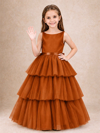 Tiered Tulle Flower Girl Dress Bateau Neck Sleeveless Long Kids Princess Gown for Wedding Party