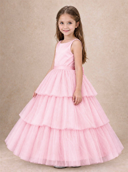 Tiered Tulle Flower Girl Dress Bateau Neck Sleeveless Long Kids Princess Gown for Wedding Party