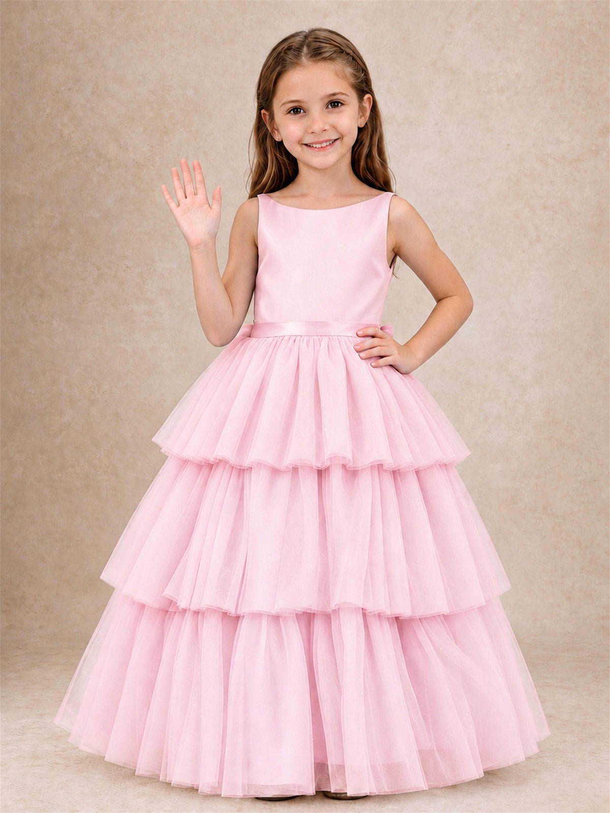 Tiered Tulle Flower Girl Dress Bateau Neck Sleeveless Long Kids Princess Gown for Wedding Party