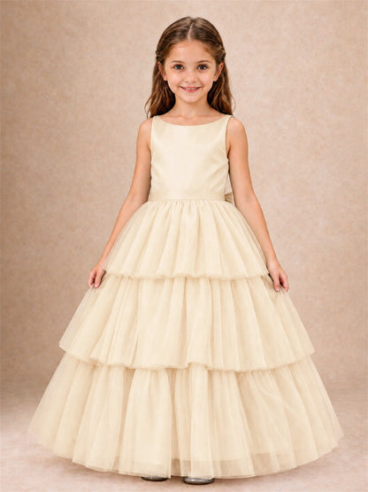 Tiered Tulle Flower Girl Dress Bateau Neck Sleeveless Long Kids Princess Gown for Wedding Party