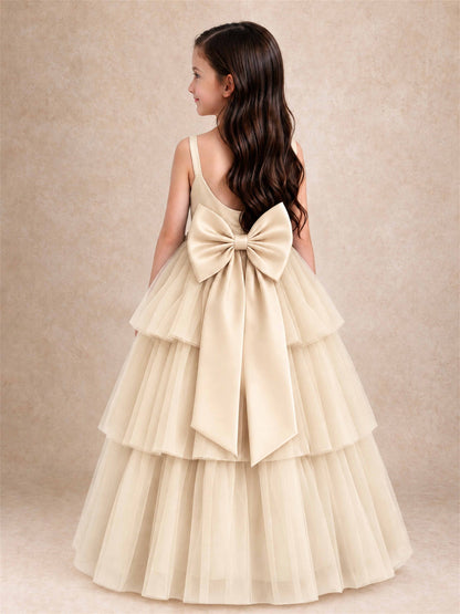 Tiered Tulle Flower Girl Dress Bateau Neck Sleeveless Long Kids Princess Gown for Wedding Party