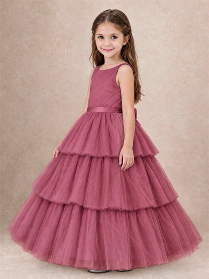 Tiered Tulle Flower Girl Dress Bateau Neck Sleeveless Long Kids Princess Gown for Wedding Party