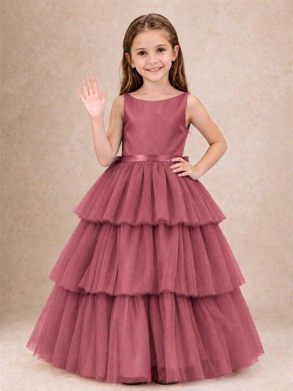 Tiered Tulle Flower Girl Dress Bateau Neck Sleeveless Long Kids Princess Gown for Wedding Party