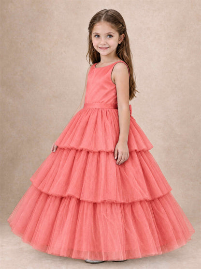 Tiered Tulle Flower Girl Dress Bateau Neck Sleeveless Long Kids Princess Gown for Wedding Party
