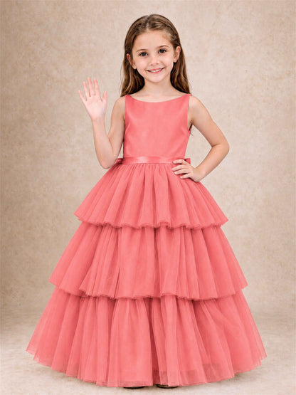 Tiered Tulle Flower Girl Dress Bateau Neck Sleeveless Long Kids Princess Gown for Wedding Party