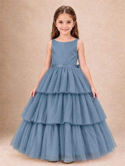 Tiered Tulle Flower Girl Dress Bateau Neck Sleeveless Long Kids Princess Gown for Wedding Party