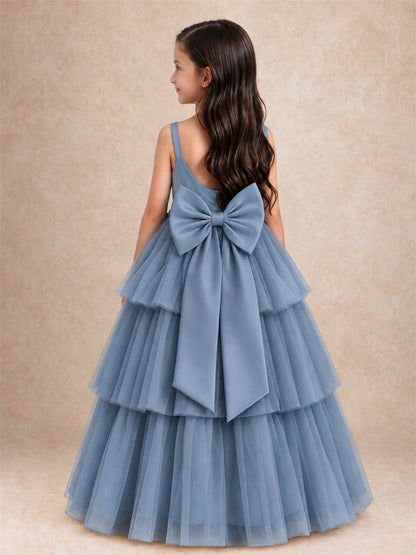 Tiered Tulle Flower Girl Dress Bateau Neck Sleeveless Long Kids Princess Gown for Wedding Party