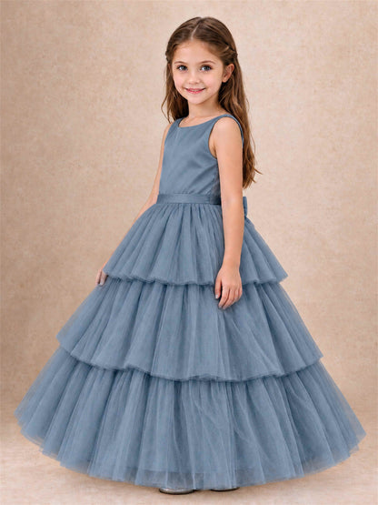 Tiered Tulle Flower Girl Dress Bateau Neck Sleeveless Long Kids Princess Gown for Wedding Party