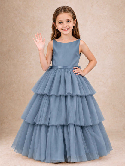 Tiered Tulle Flower Girl Dress Bateau Neck Sleeveless Long Kids Princess Gown for Wedding Party